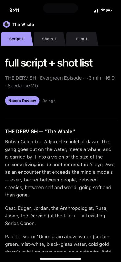 The Whale script in the actual mobile Review Room, with script and shot tabs and a Needs Review status