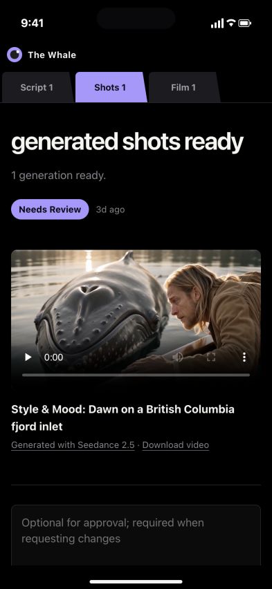 The Whale generated shots in the actual mobile Review Room, ready for feedback